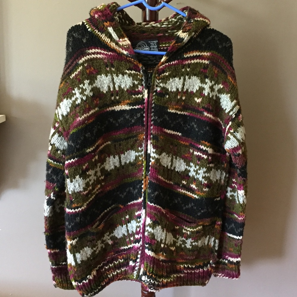 Vintage 90s Hand Knit Wool Hooded Jacket
